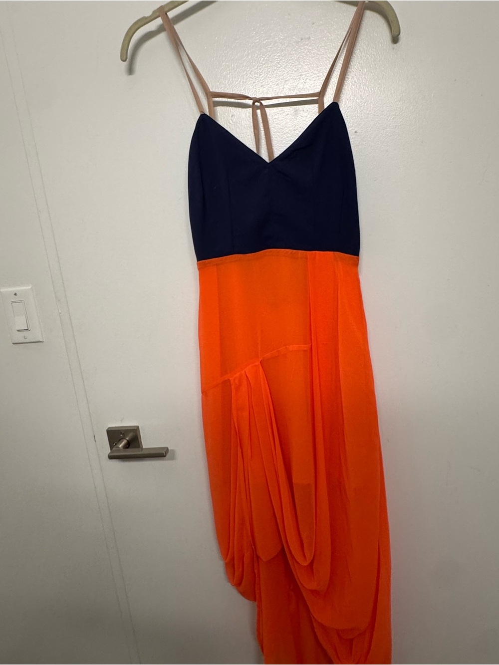 Finders Keepers Navy and Bright Orange Draped Asymmetrical Dress